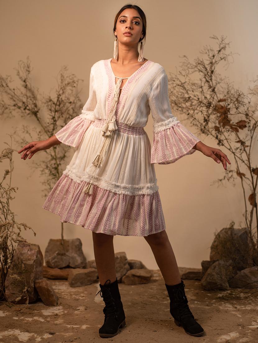 women white tie-up neck fit & flare dress - 20966102 - Zoom Image - 0