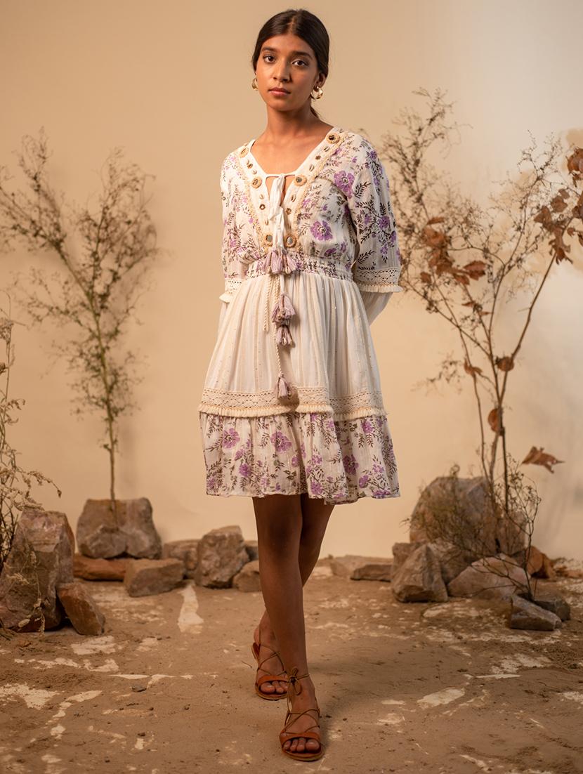 women off white tie-up neck fit & flare dress - 20966108 -  Zoom Image - 0