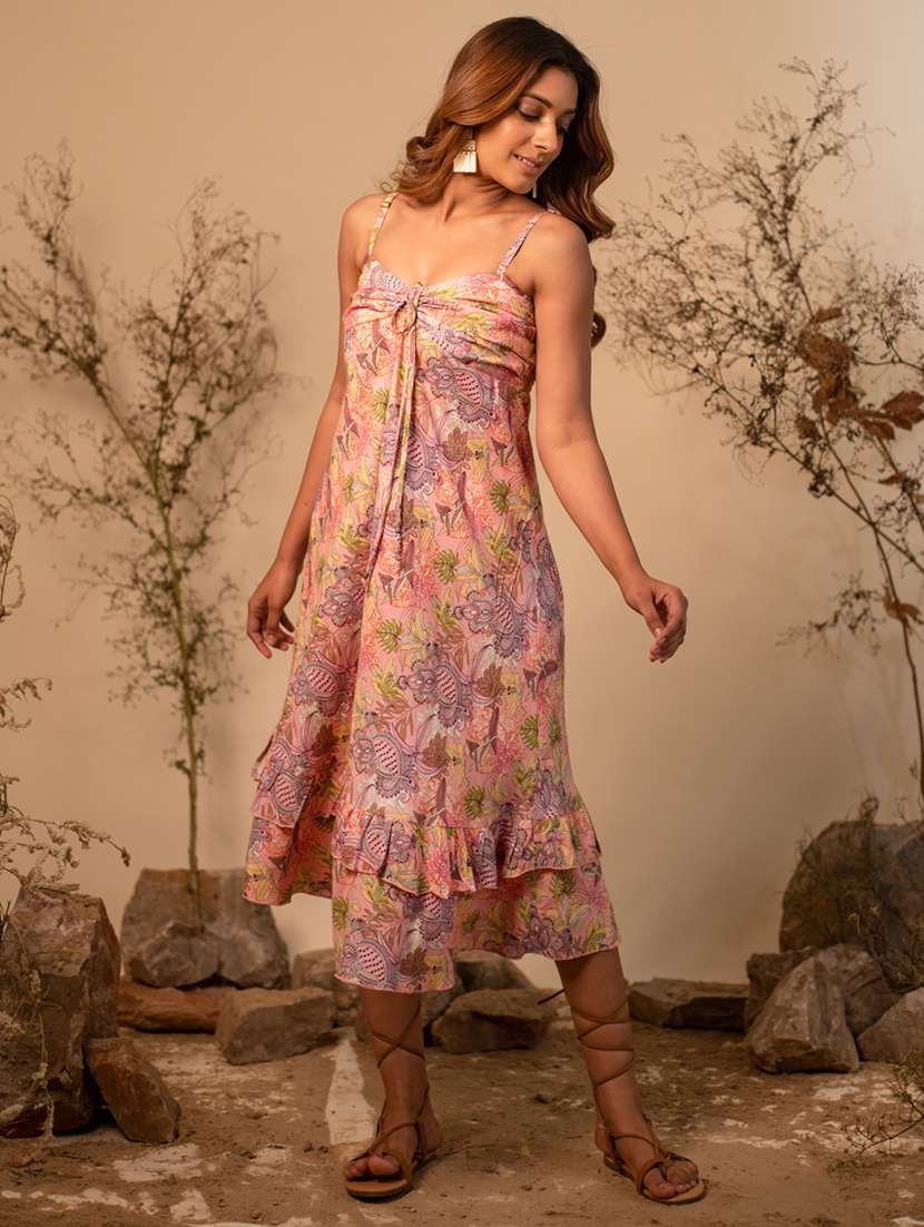 pink floral printed detailed midi dress