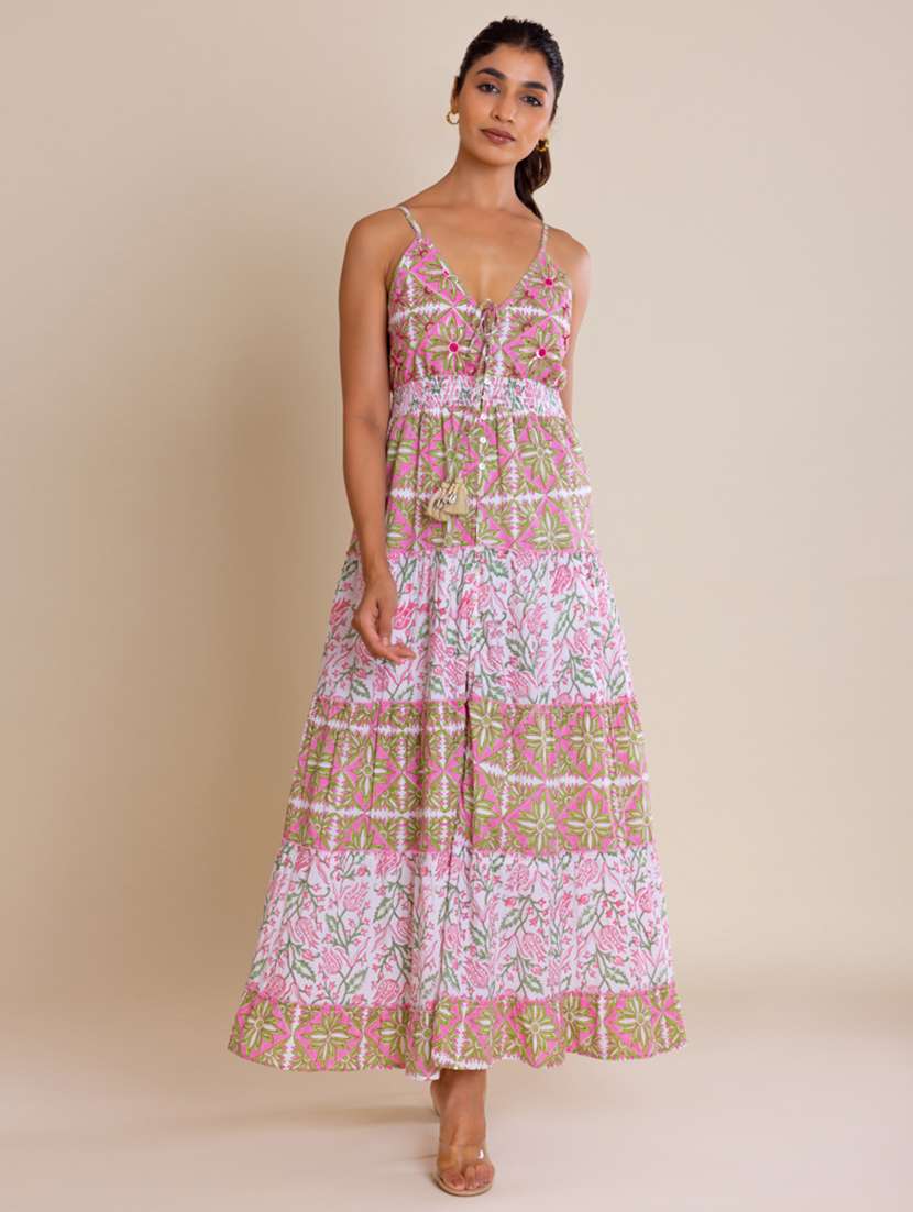 white floral printed detailed maxi dress