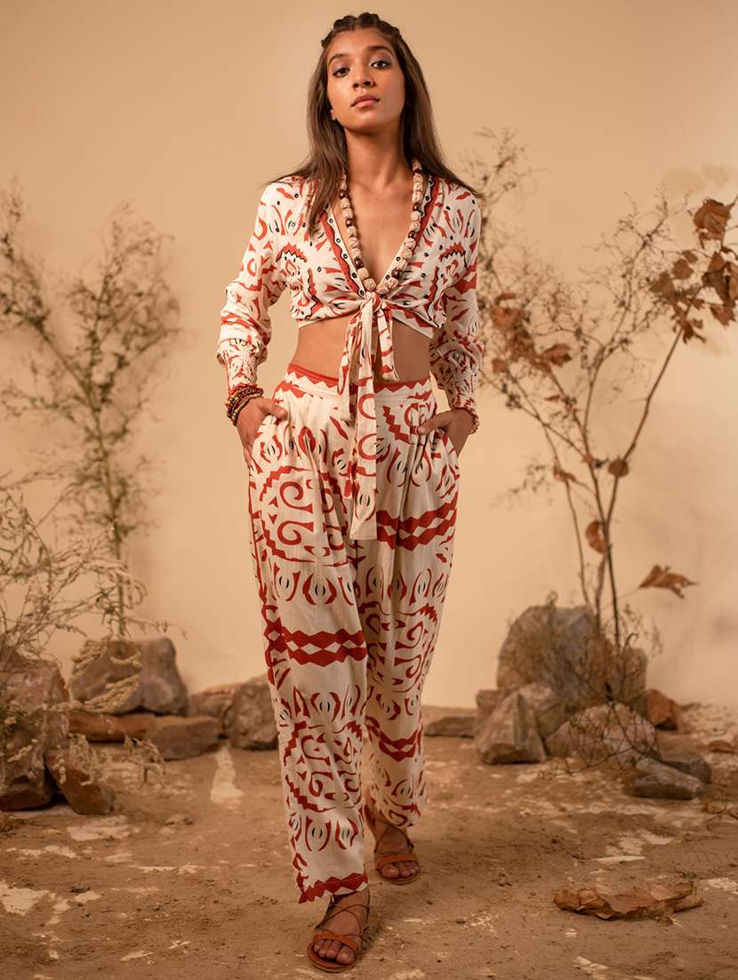 beige printed knot detailed top & palazzo set