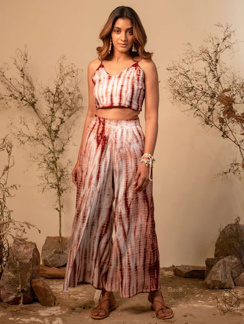 white tie & dye printed detailed top & culottes set