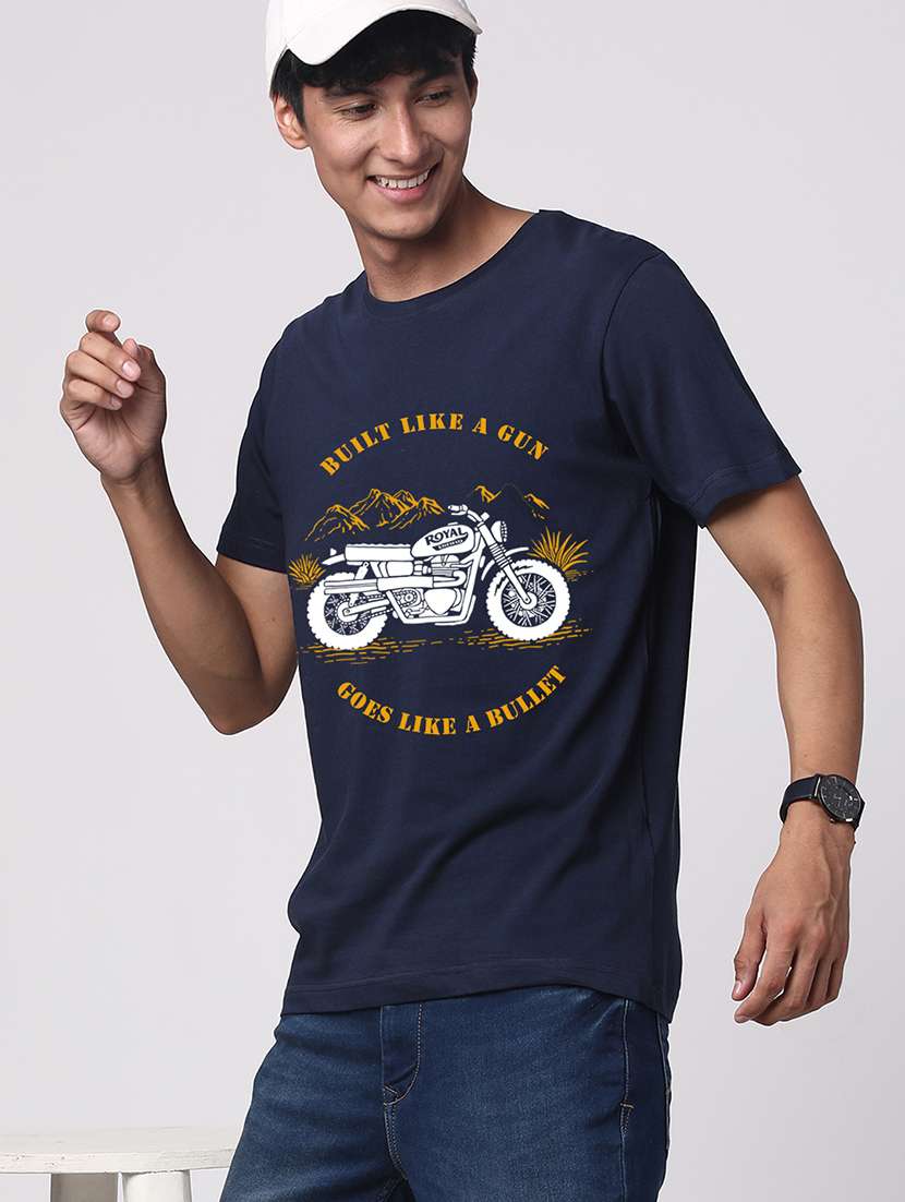 navy blue cotton chest print tshirt - 20966502 -  Standard Image - 1