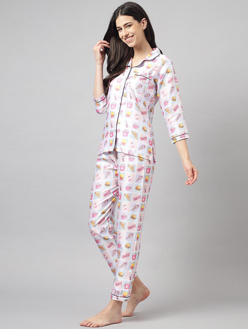 women lapel neck printed pyjama nightwear set - 20967530 - Standard Image - 1