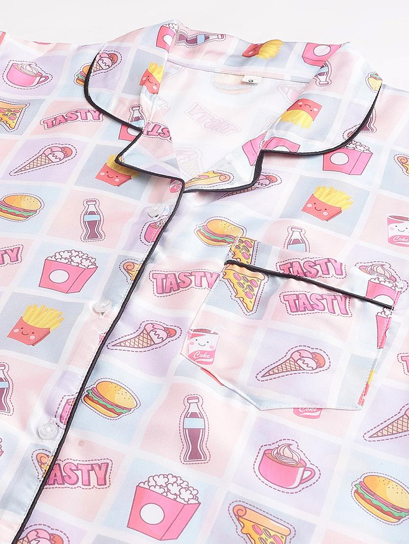 women lapel neck printed pyjama nightwear set - 20967530 - Standard Image - 6