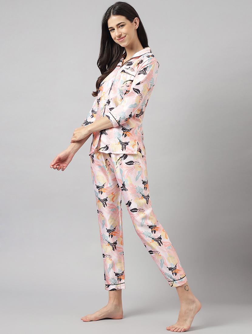 women lapel neck printed pyjama nightwear set - 20967531 - Standard Image - 1