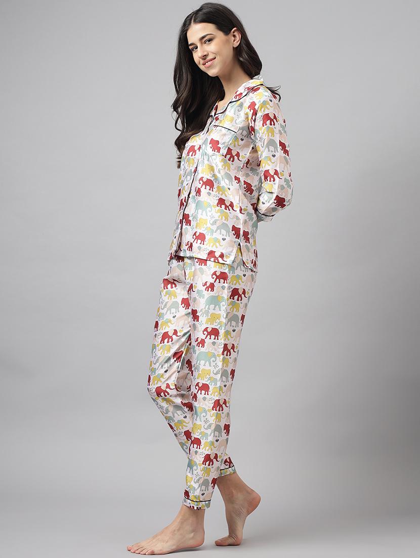women lapel neck printed pyjama nightwear set - 20967534 - Standard Image - 1