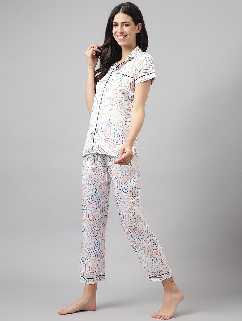 women lapel neck printed pyjama nightwear set - 20967536 - Standard Image - 1