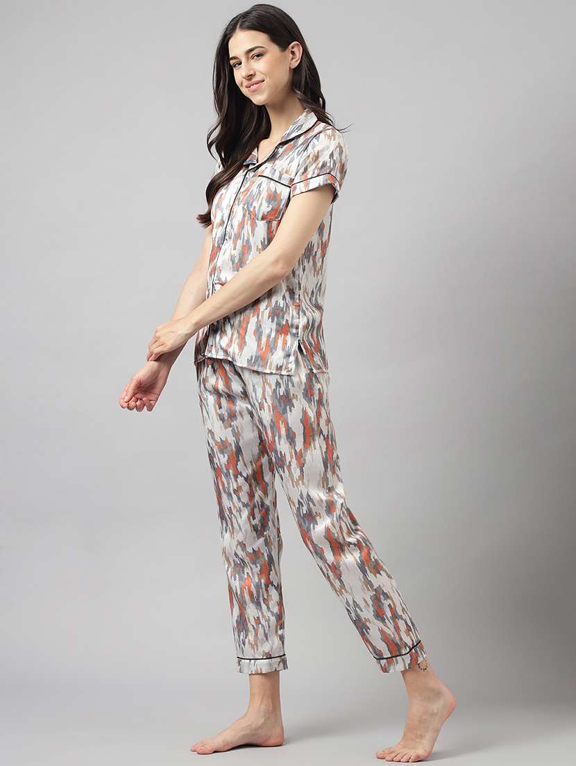 women lapel neck printed pyjama nightwear set - 20967543 - Standard Image - 1