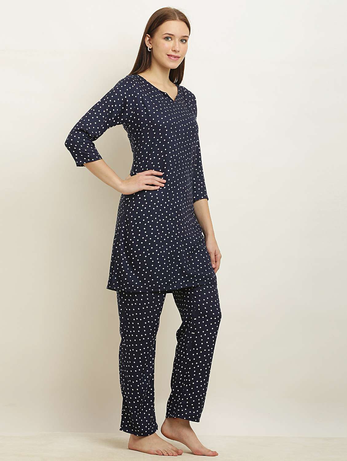women notch neck polka dot pyjama nightwear set - 20968018 -  Standard Image - 1