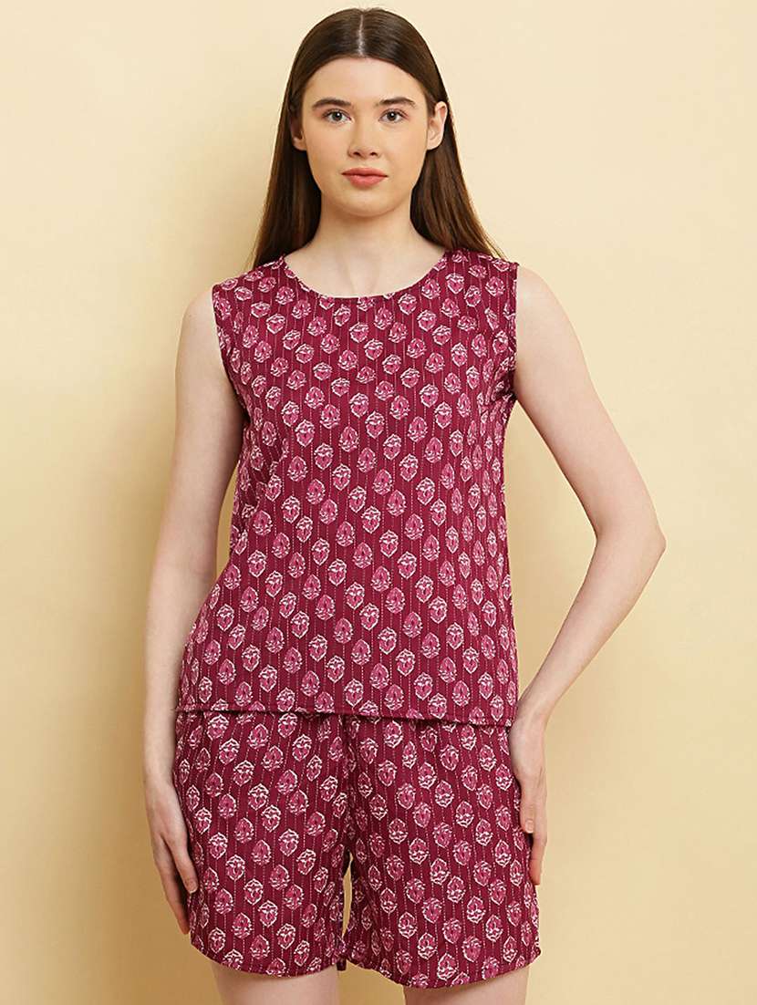 women round neck printed shorts nightwear set