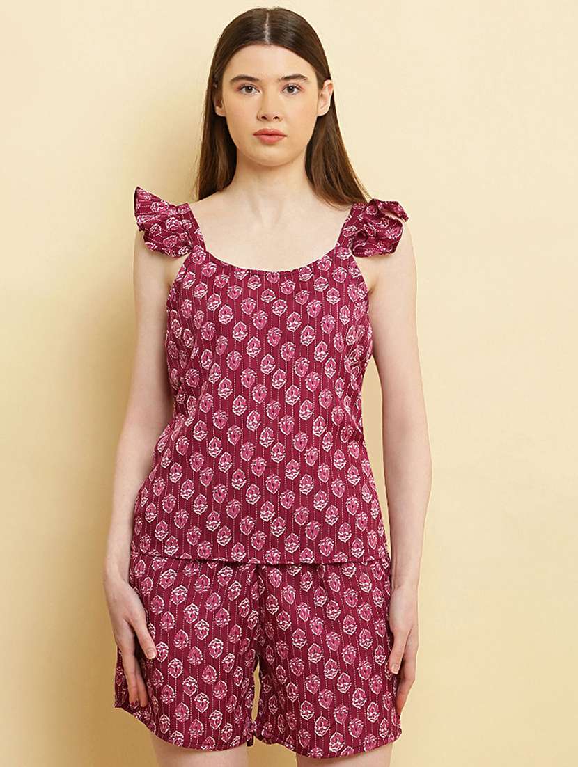 women round neck printed shorts nightwear set