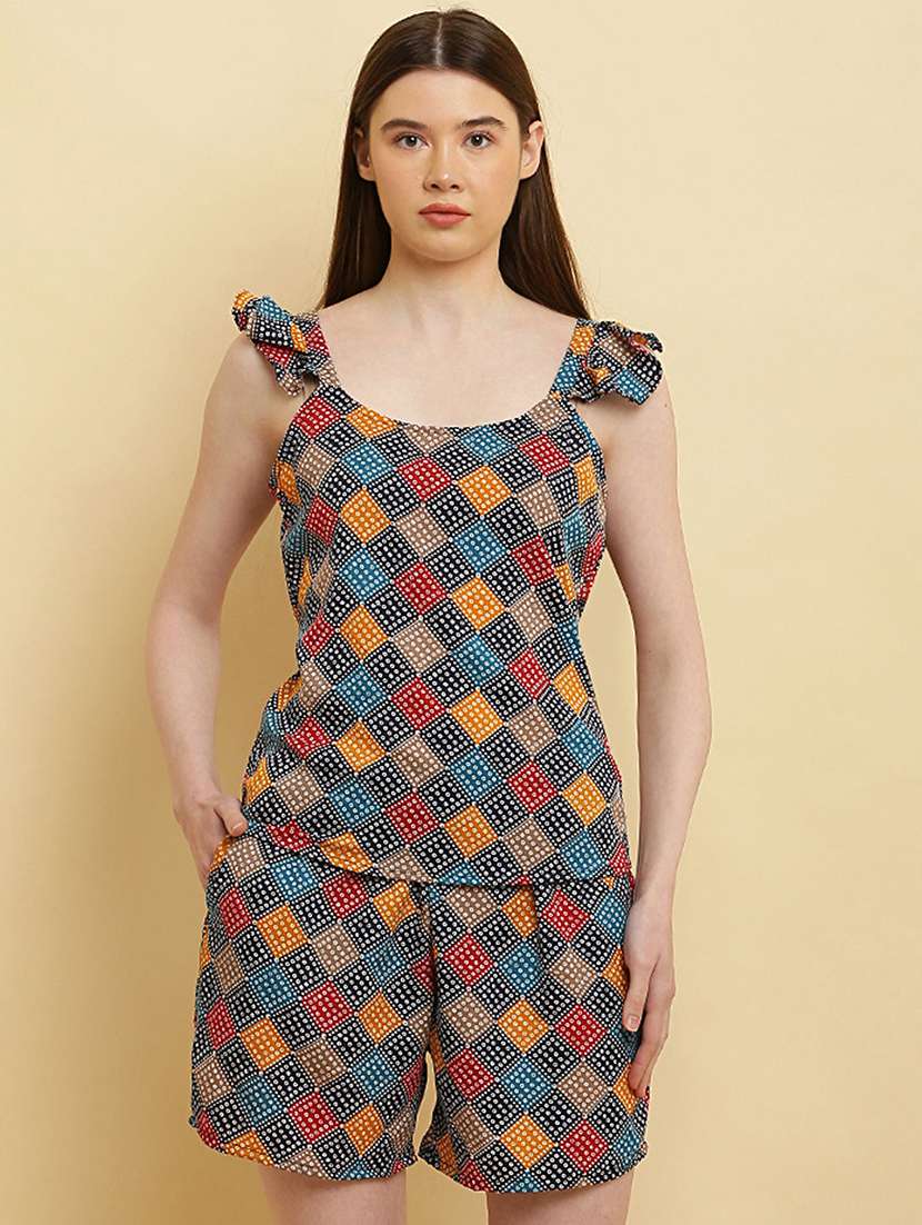 women round neck printed shorts nightwear set