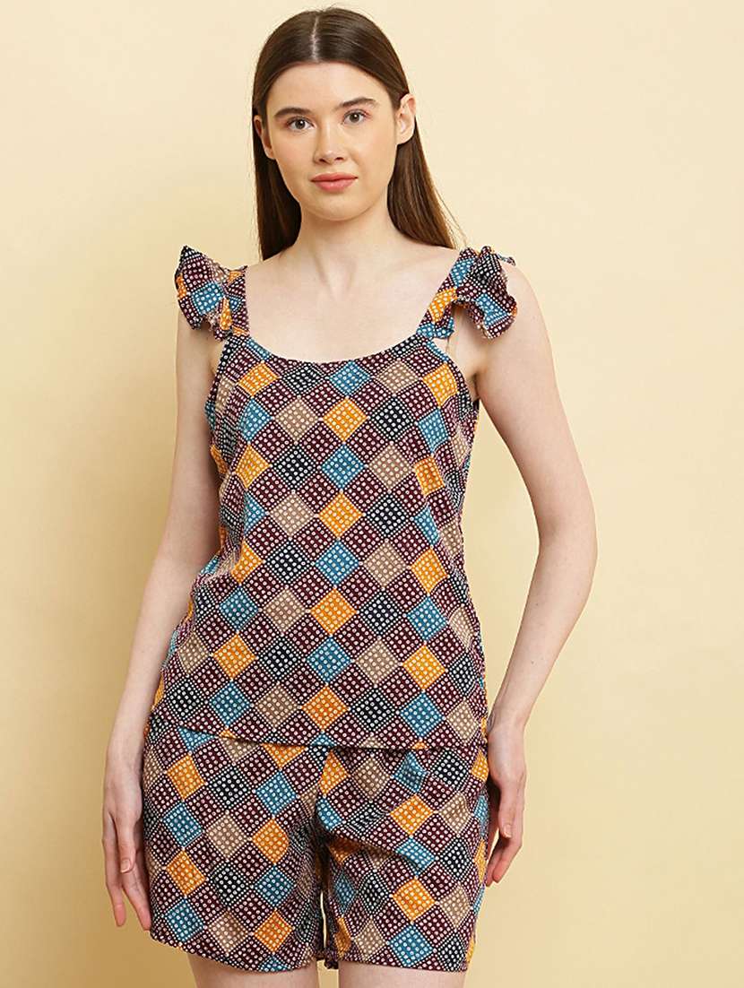 women round neck printed shorts nightwear set