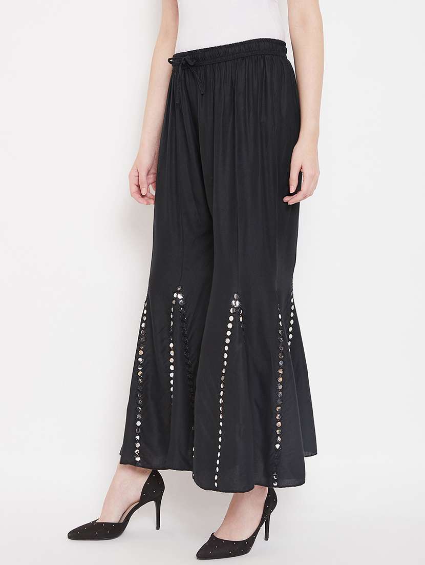 women full length solid with work flared palazzo - 20968110 -  Standard Image - 1