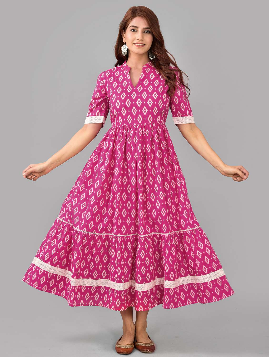 women pink mandarin neck flared dress - 20968124 -  Standard Image - 1