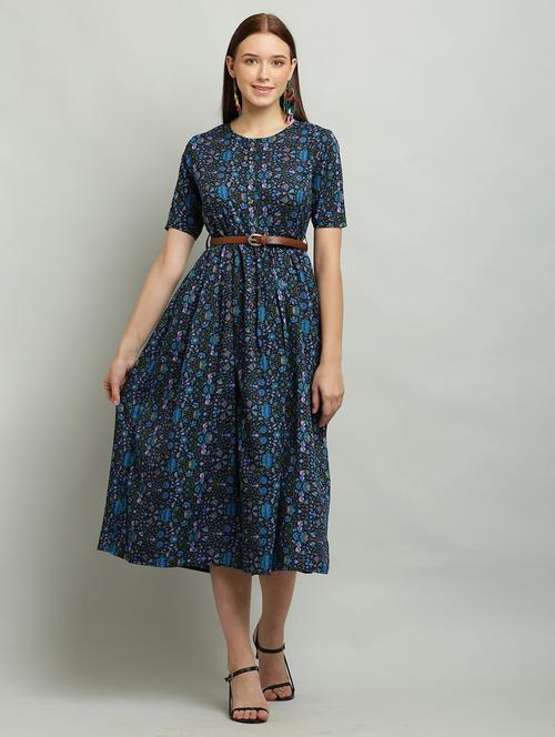 women round neck printed fit & flare dress - 20968417 - Standard Image - 0