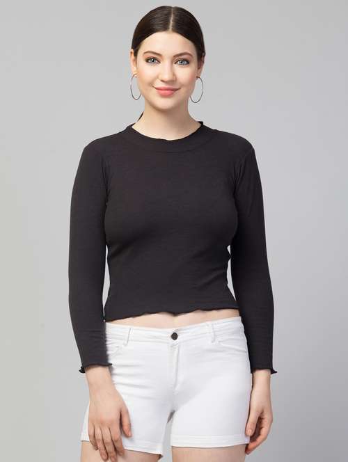 Women Long Sleeve Solid Crop Top