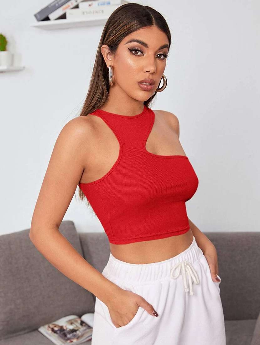 women round neck solid crop top