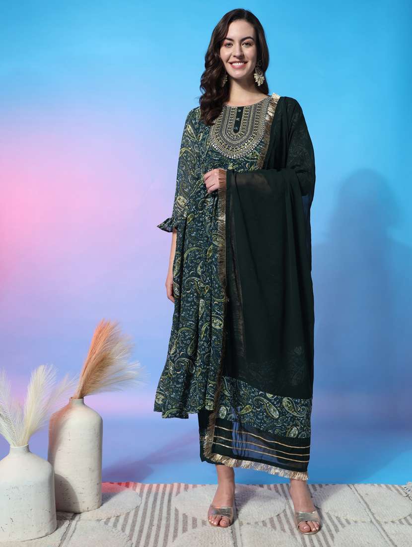 women three quarter sleeve kurta pant with dupatta set