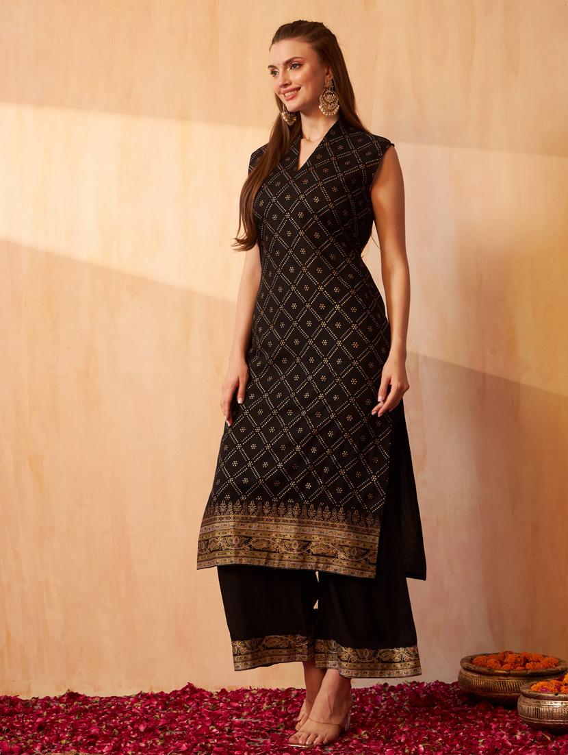black bandhani printed kurta palazzo set set - 20968689 - Standard Image - 1