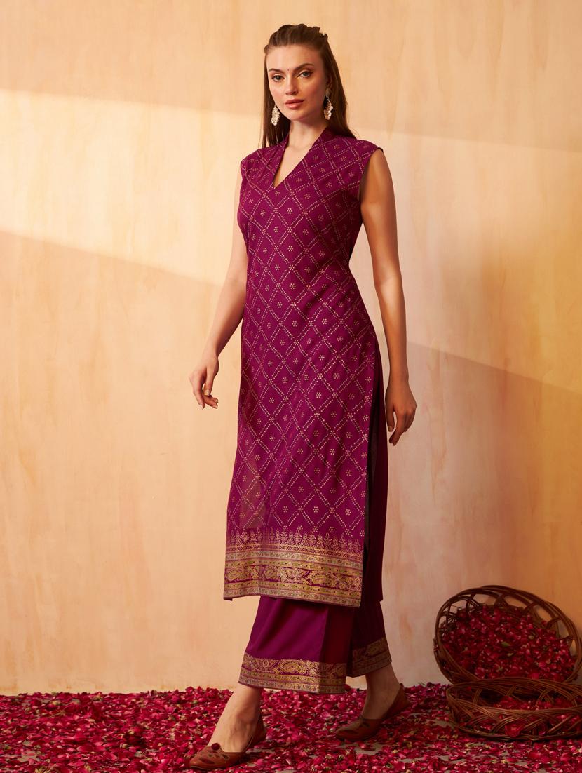 purple bandhani kurta palazzo set set - 20968690 - Standard Image - 1