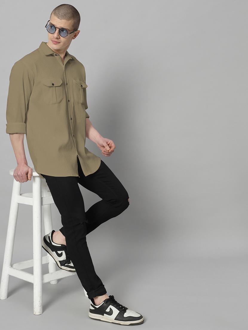 khaki solid casual shirt - 20968734 - Standard Image - 4