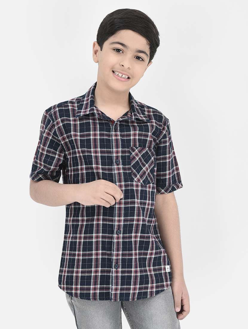 navy blue checkered cotton shirt