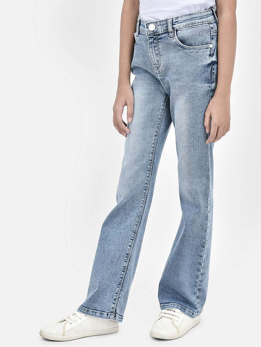 solid light blue cotton blend bootcut jeans - 20969082 -  Standard Image - 1