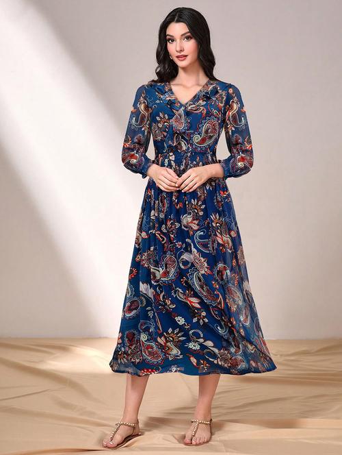 navy blue paisley printed fit & flare dress - 20969650 - Standard Image - 0