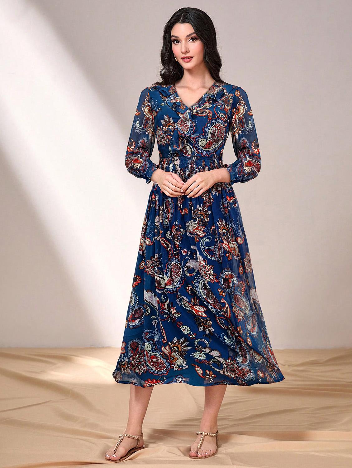 navy blue paisley printed fit & flare dress