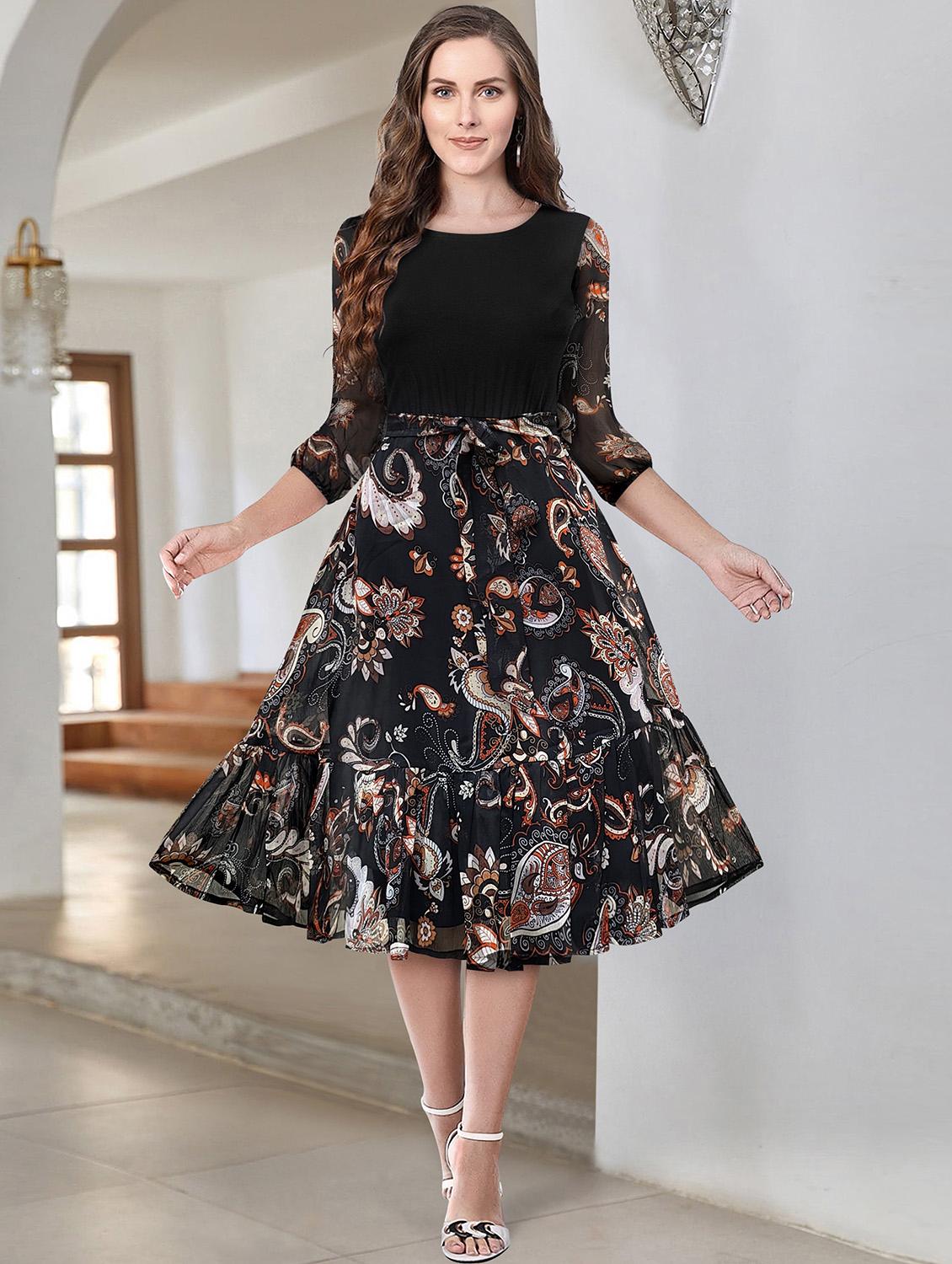 women black paisley printed fit & flare dress - 20969672 -  Zoom Image - 0