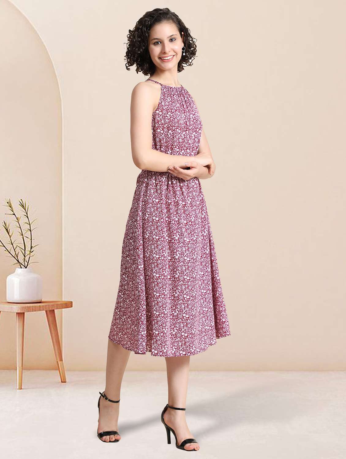 maroon floral printed fit & flare dress - 20969679 -  Standard Image - 1