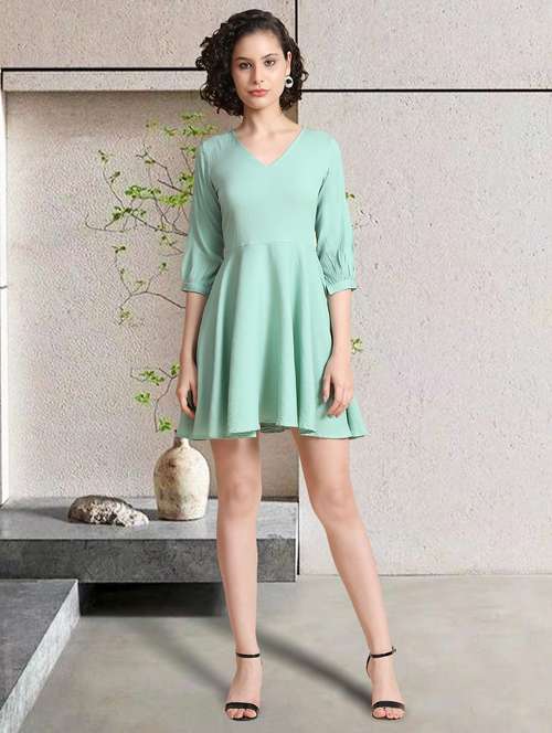 women sea green solid fit & flare dress - 20969688 - Standard Image - 0