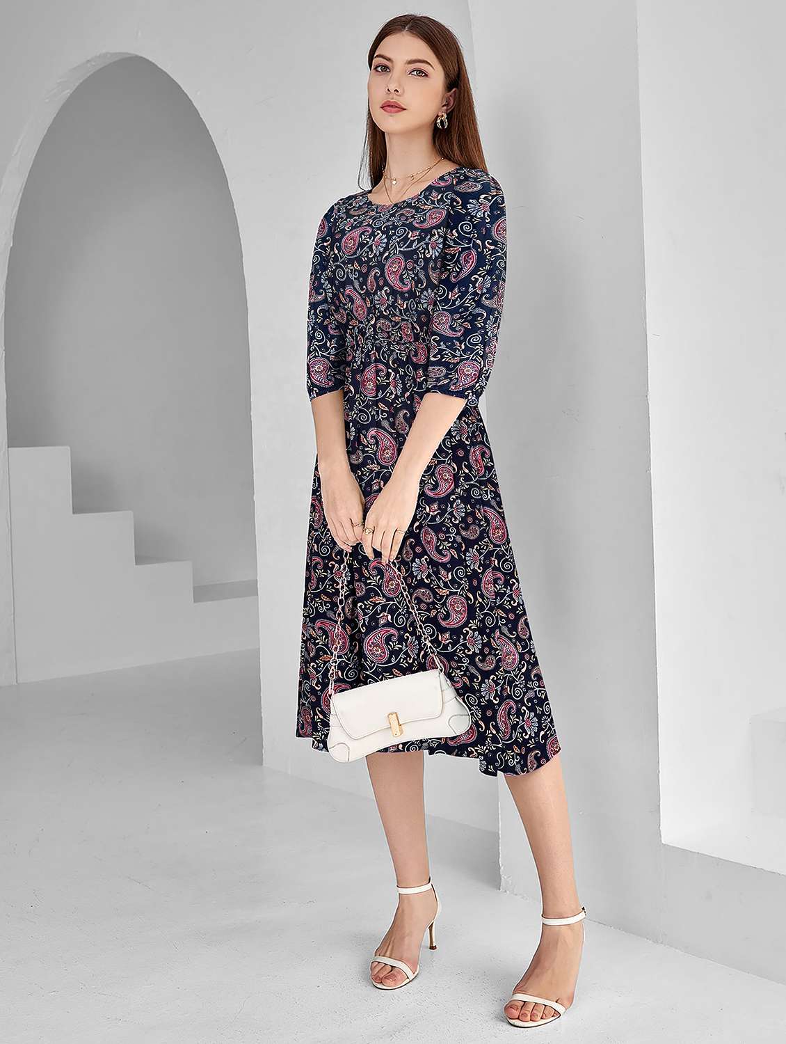 women navy blue paisley printed fit & flare dress - 20969714 -  Standard Image - 1