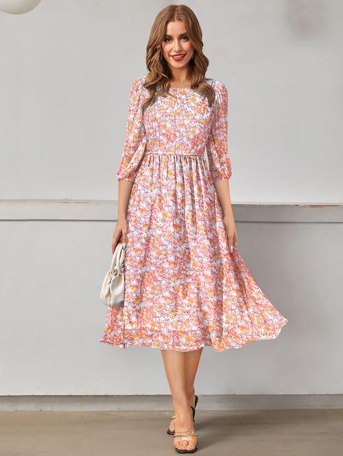 women round neck floral printed fit & flare dress - 20969715 - Standard Image - 0