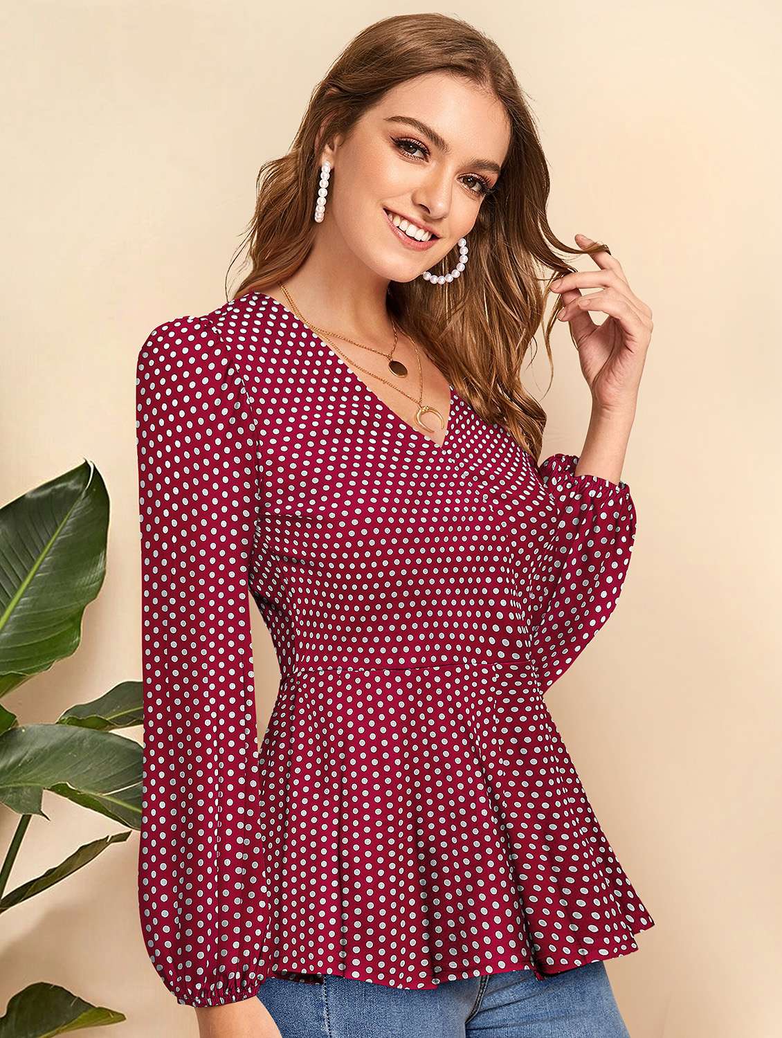 women v-neck polka dots peplum top - 20969738 -  Standard Image - 1
