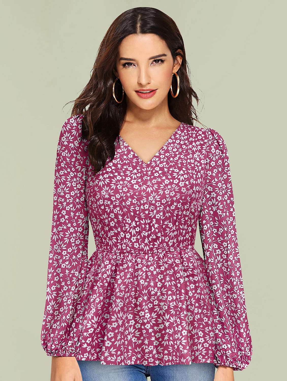 women pink floral printed peplum top