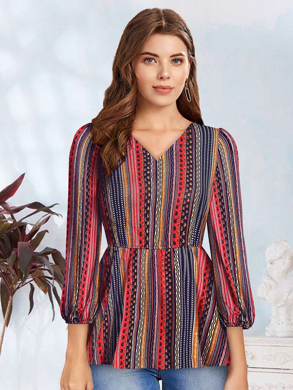 women v-neck printed peplum top