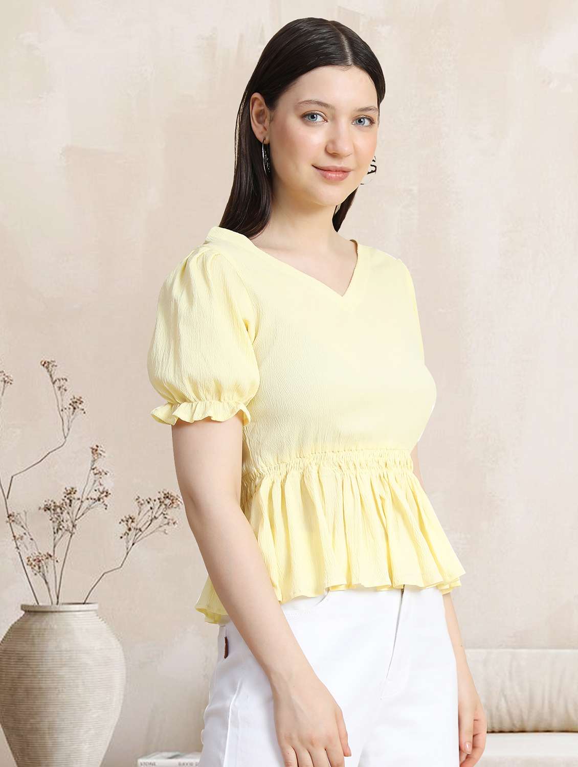 women v-neck solid peplum top - 20969766 -  Standard Image - 1