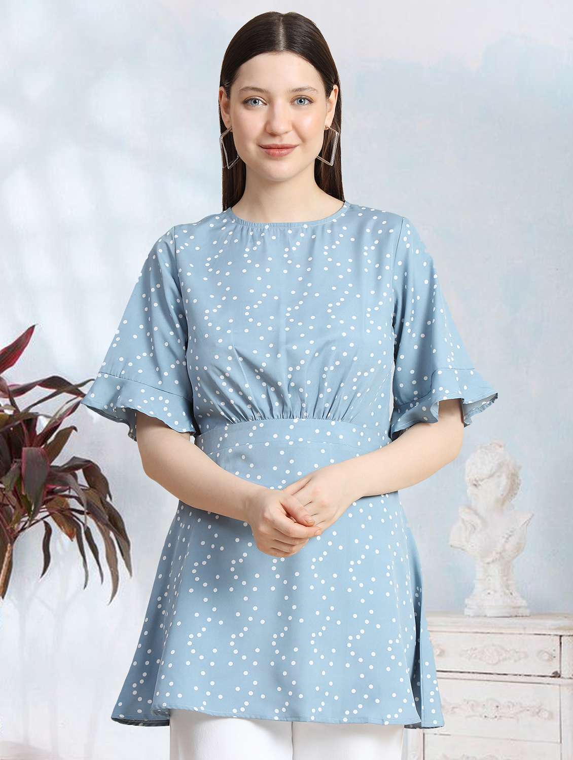 women light blue polka dot a line top - 20969770 - Zoom Image - 0