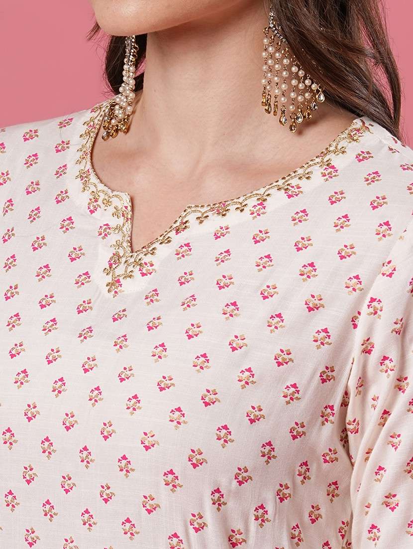 women notch neck foil printed a-line kurta - 20969790 - Standard Image - 4