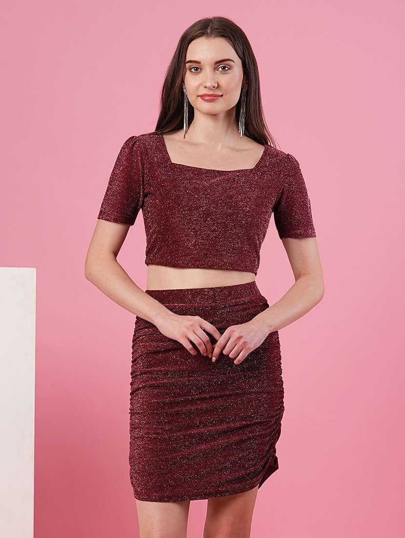 maroon polyester top and skirt  co-ord set
