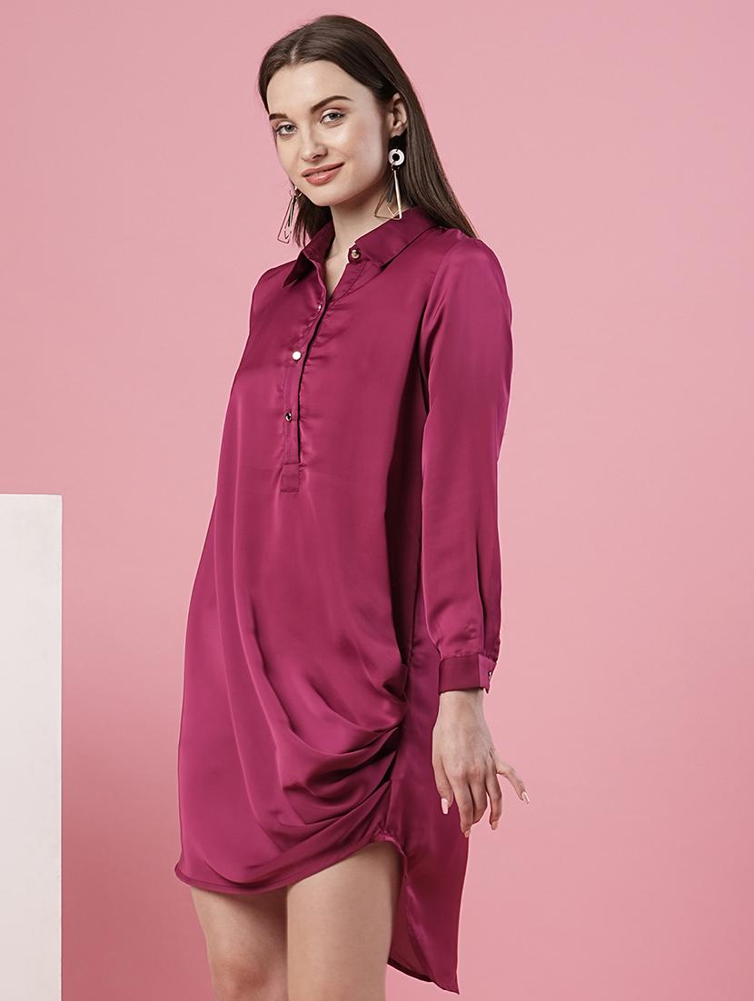 women solid draped detailed asymmetric dress - 20969797 -  Standard Image - 1