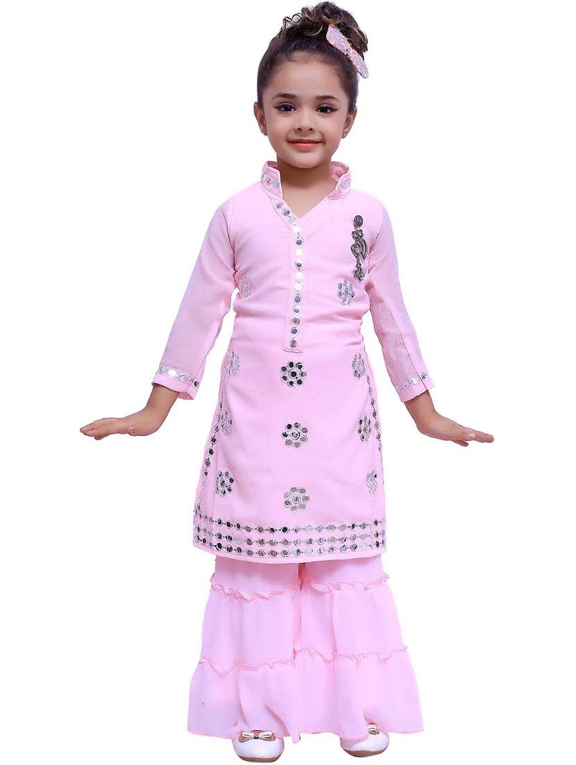 pink embroidered kurta palazzo suit set