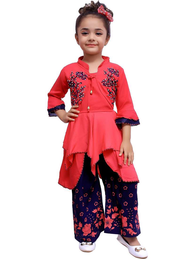 coral printed detailed kurta & palazzo set