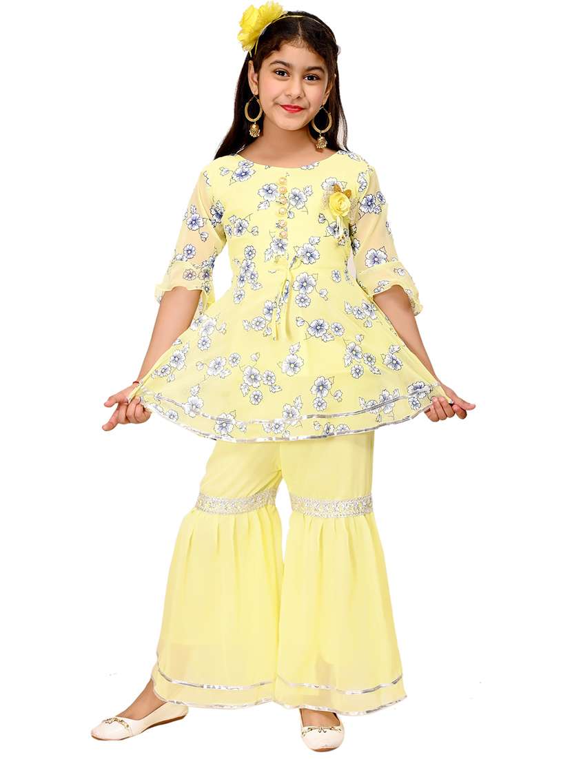 girls floral print georgette kurta sharara suit set