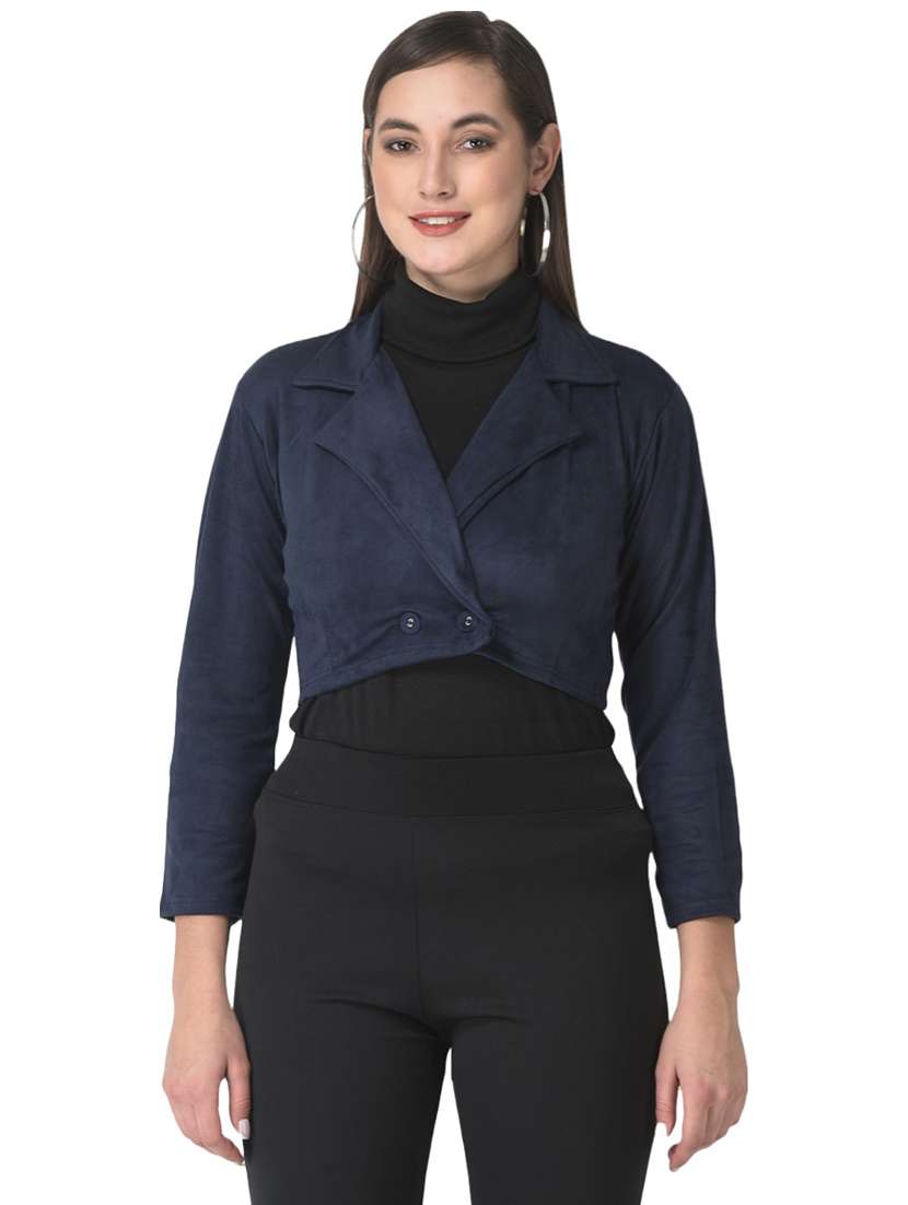 solid navy blue velvet crop jacket