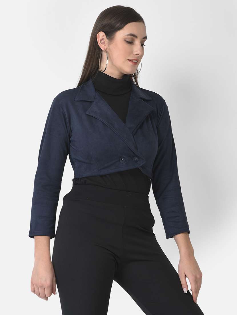 solid navy blue velvet crop jacket - 20970362 -  Standard Image - 1