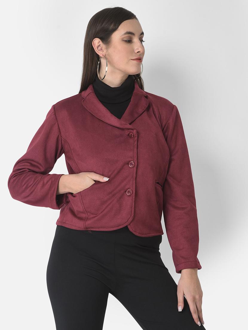 solid maroon fleece casual coat - 20970363 - Standard Image - 1